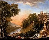 Figures Resting On The Banks Of A River, A Waterfall In The Foreground by Nicolas-Jacques Juliard